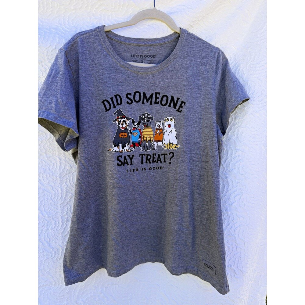 Life Is Good Women’s XL Halloween Dogs “Did Someone Say Treat?” Gray T-Shirt